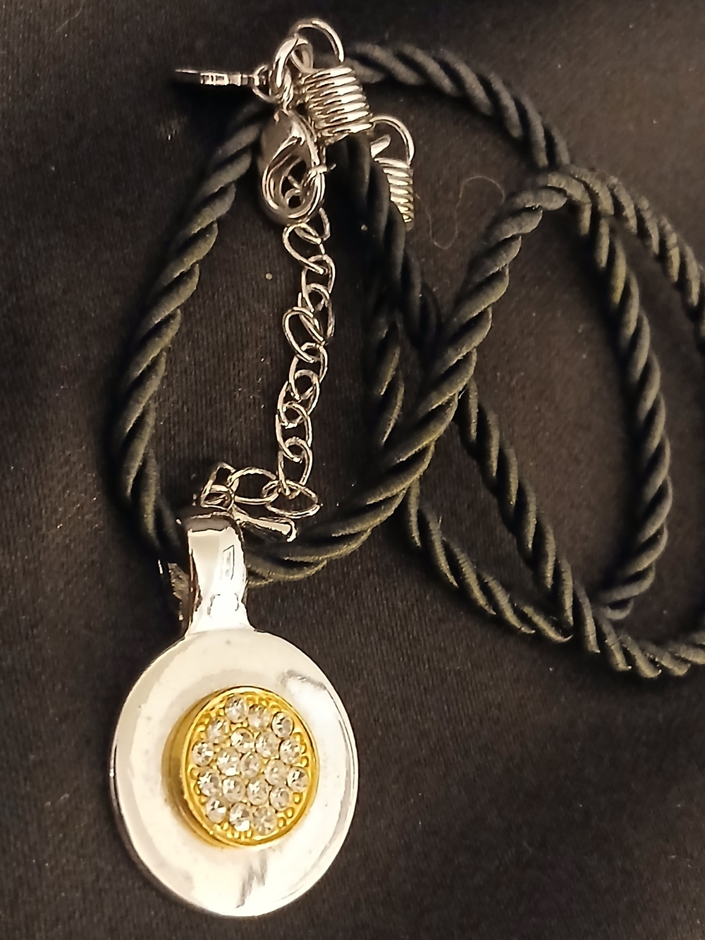 Cookie Lee Silver & Gold Round Crystal Pendant Necklace with Black Cord